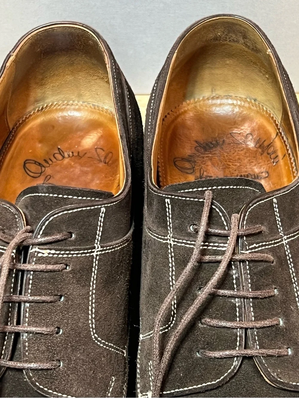 Santoni Dark Brown Suede Split Toe Derby Shoes Mens Sz 12D Vibram Soles 🇮🇹